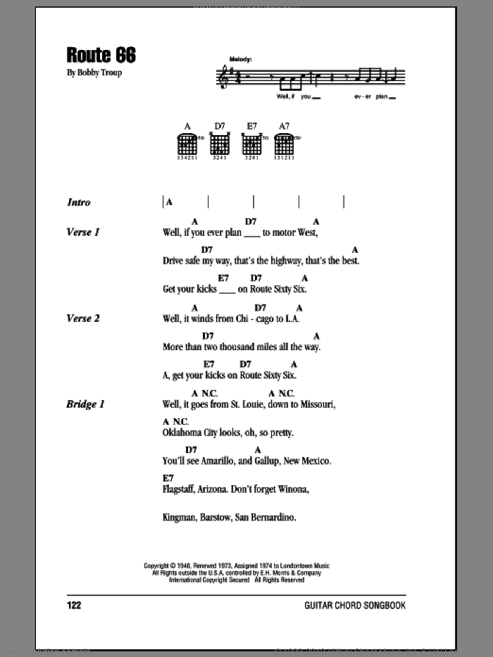 Route 66 sheet music for guitar (chords) by Bobby Troup and Manhattan Transfer, intermediate skill level