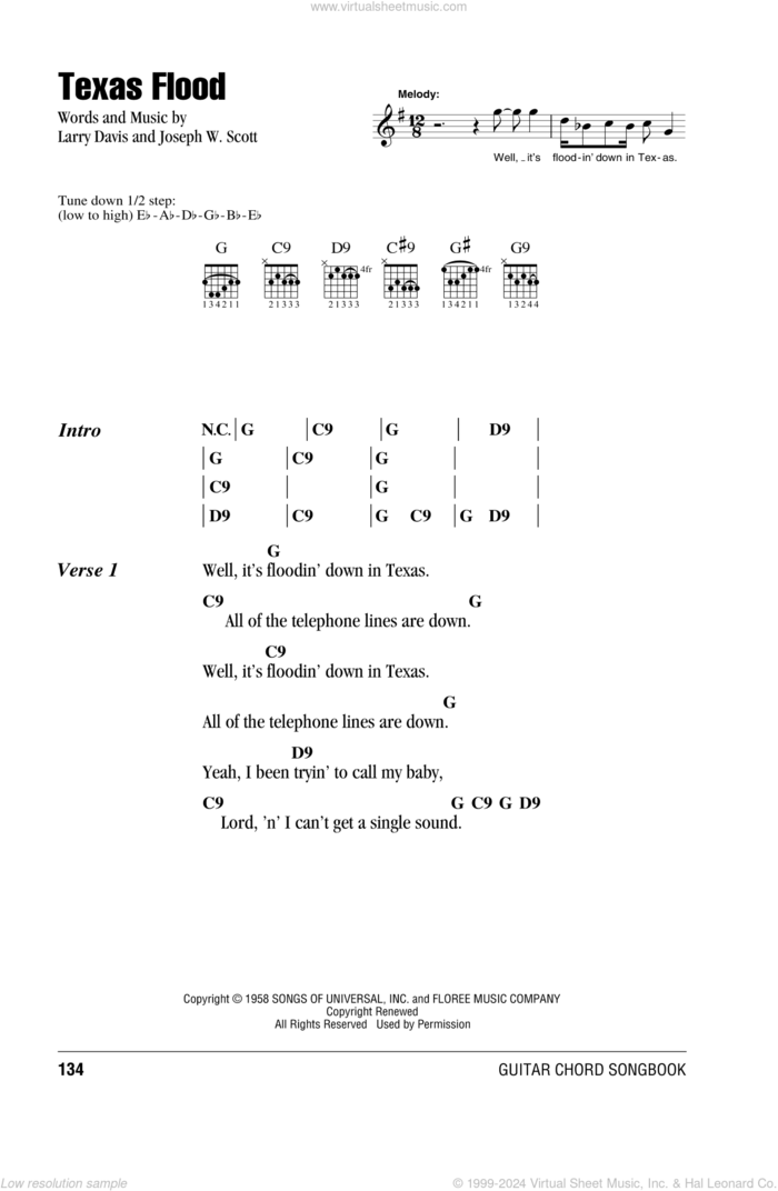 Texas Flood sheet music for guitar (chords) by Stevie Ray Vaughan, Josey Scott and Larry Davis, intermediate skill level