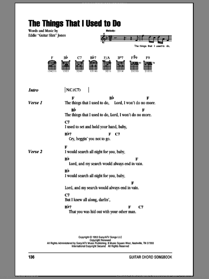 The Things That I Used To Do sheet music for guitar (chords) by Eddie 'Guitar Slim' Jones, intermediate skill level