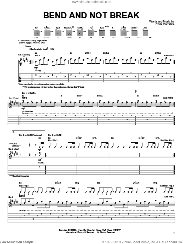 Bend And Not Break sheet music for guitar (tablature) by Dashboard Confessional and Chris Carrabba, intermediate skill level