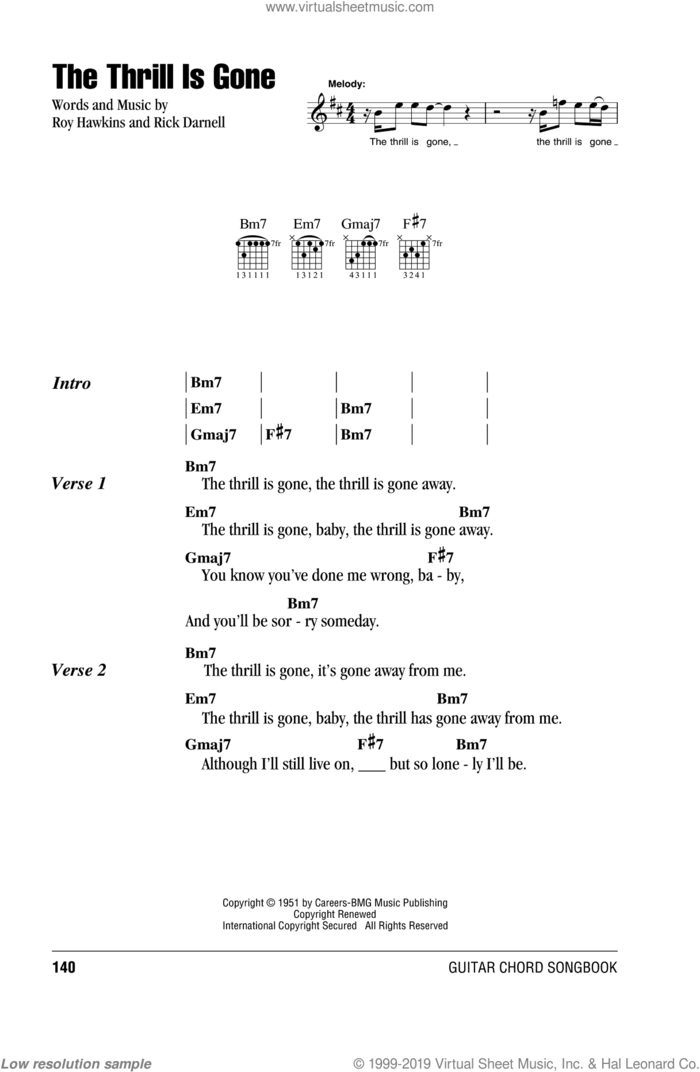 The Thrill Is Gone sheet music for guitar (chords) by B.B. King, Rick Darnell and Roy Hawkins, intermediate skill level