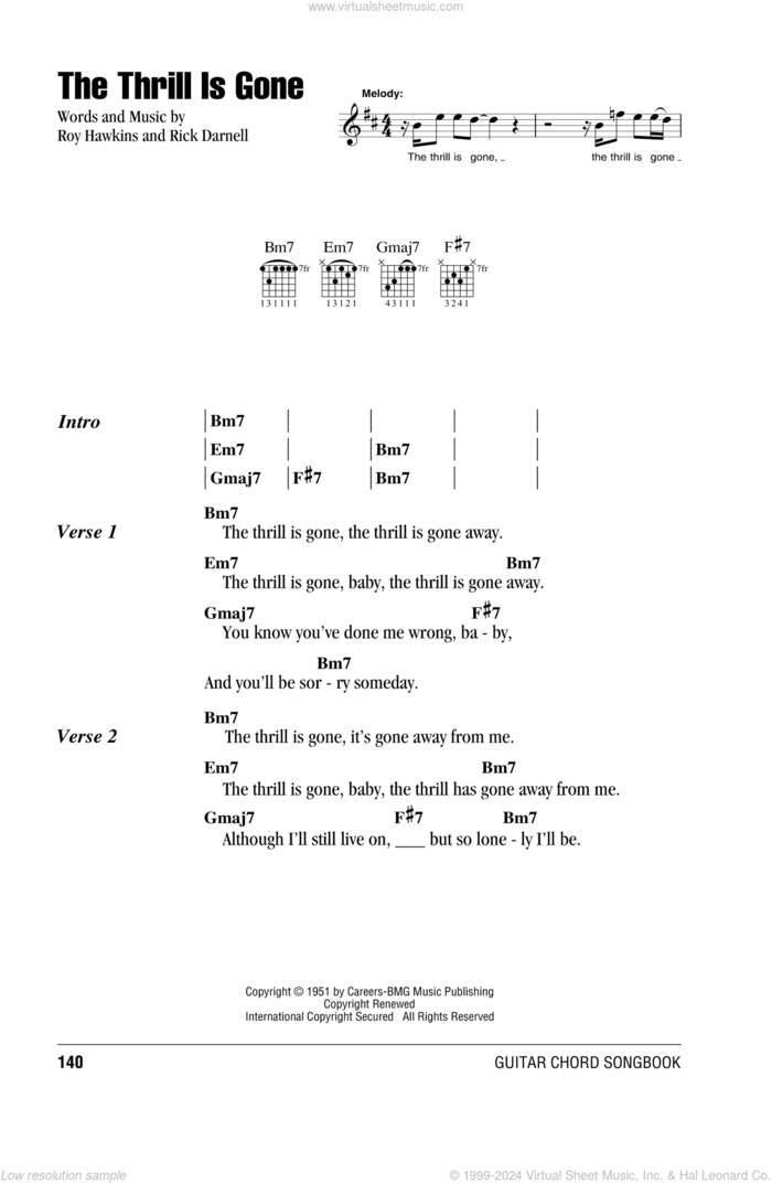 The Thrill Is Gone sheet music for guitar (chords) by B.B. King, Rick Darnell and Roy Hawkins, intermediate skill level