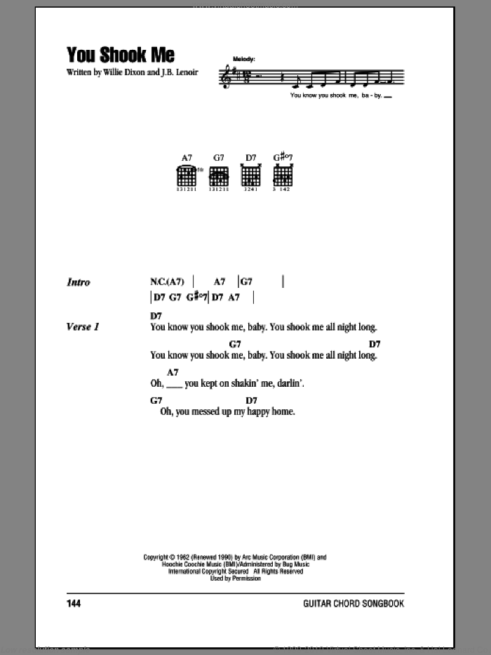You Shook Me sheet music for guitar (chords) by Jeff Beck, Led Zeppelin, Muddy Waters, J.B. Lenoir and Willie Dixon, intermediate skill level