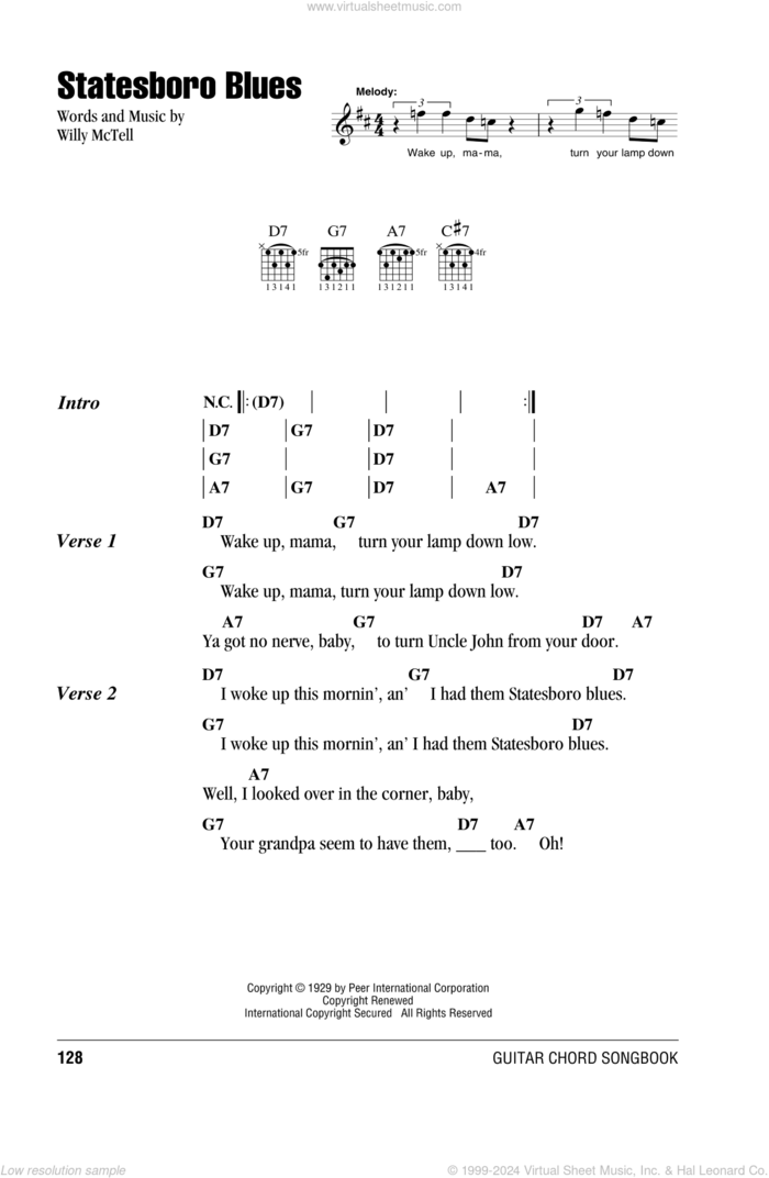 Statesboro Blues sheet music for guitar (chords) by Allman Brothers Band, The Allman Brothers Band and Blind Willie McTell, intermediate skill level