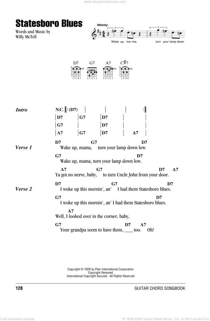 Statesboro Blues sheet music for guitar (chords) by Allman Brothers Band, The Allman Brothers Band and Blind Willie McTell, intermediate skill level