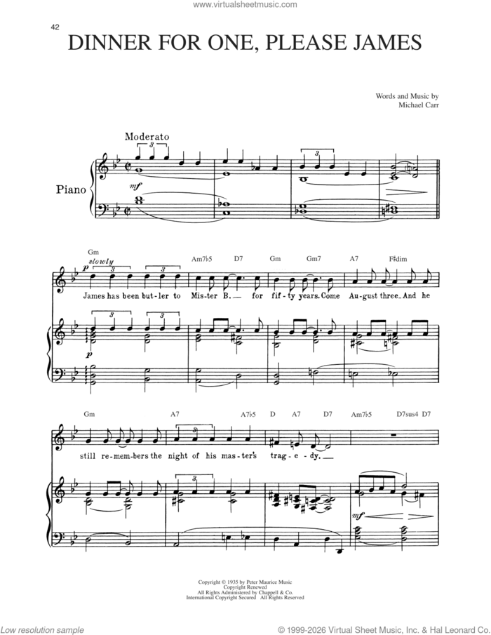 Dinner For One, Please James sheet music for voice and piano by Michael Carr, intermediate skill level