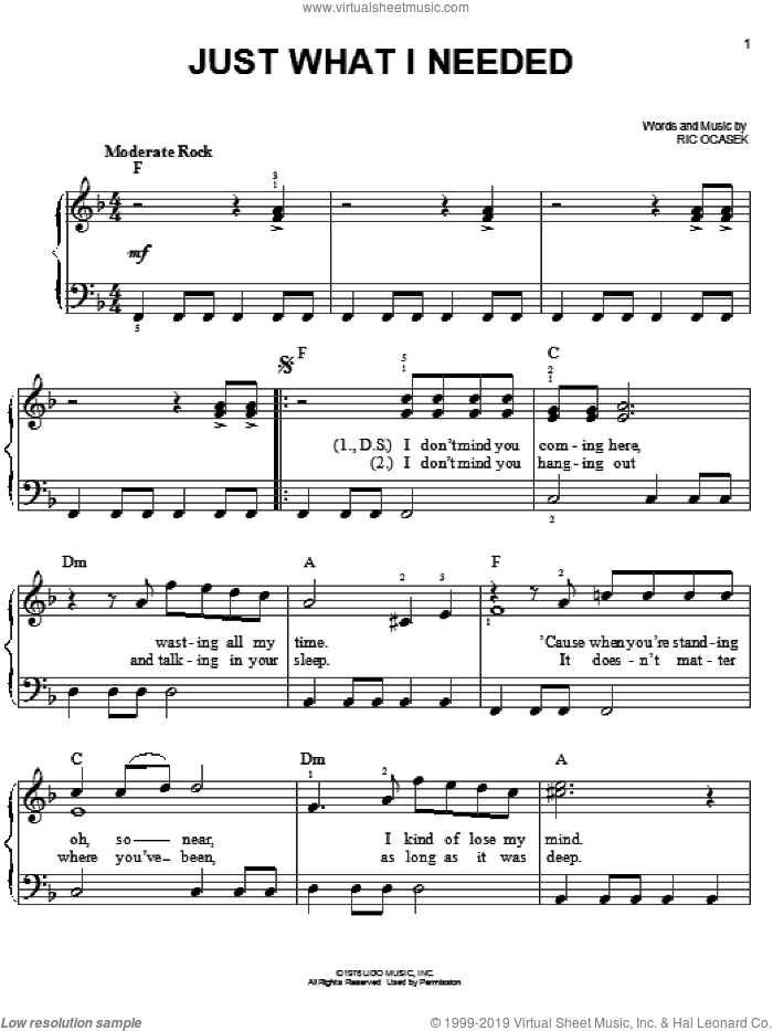 Just What I Needed sheet music for piano solo by The Cars and Ric Ocasek, easy skill level