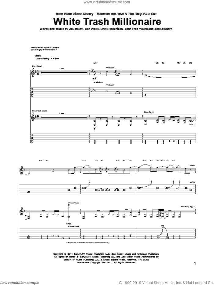 White Trash Millionaire sheet music for guitar (tablature) by Black Stone Cherry, Ben Wells, Chris Robertson, John Fred Young, Jon Lawhorn and Zac Maloy, intermediate skill level