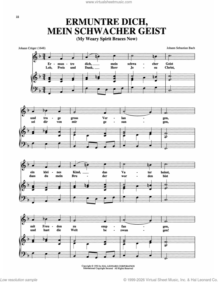 Ermuntre Dich, Mein Schwacher Geist sheet music for voice and piano (High Voice) by Johann Sebastian Bach, classical score, intermediate skill level