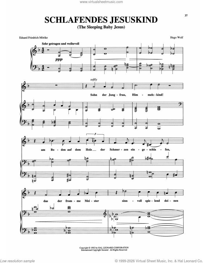 Schlafendes Jesuskind sheet music for voice and piano (High Voice) by Hugo Wolf, classical score, intermediate skill level