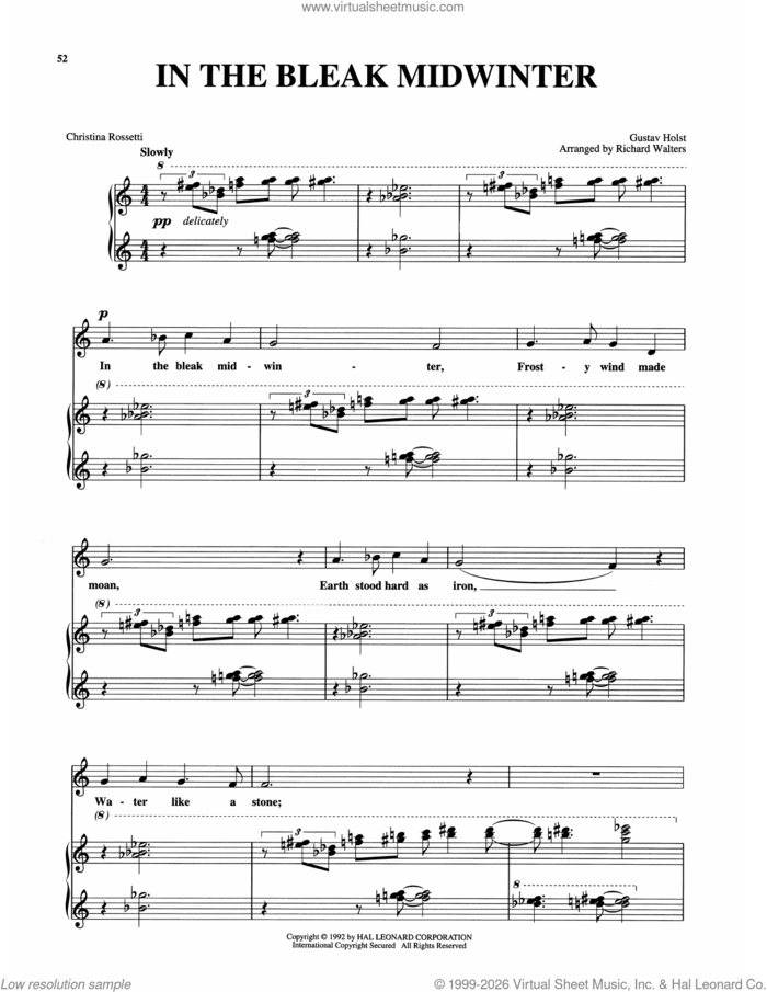 In The Bleak Midwinter sheet music for voice and piano (High Voice) by Christina Rossetti and Gustav Holst, intermediate skill level