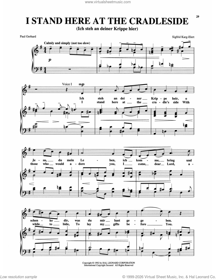 I Stand Here At The Cradleside sheet music for voice and piano (High Voice) by Sigfrid Karg-Elert, classical score, intermediate skill level