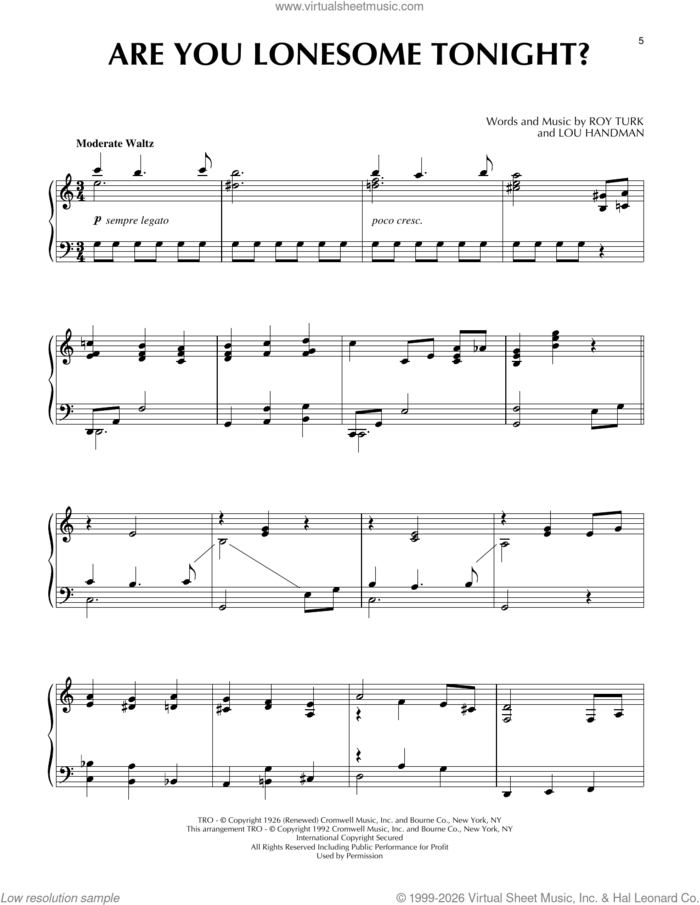 Are You Lonesome Tonight?, (intermediate) sheet music for piano solo by Elvis Presley, Lou Handman and Roy Turk, intermediate skill level