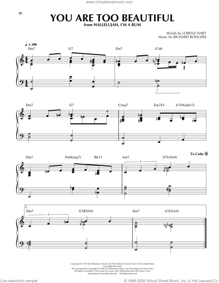 You Are Too Beautiful (arr. Thomas Coppola) sheet music for piano solo by Lorenz Hart, Thomas Coppola and Richard Rodgers, intermediate skill level