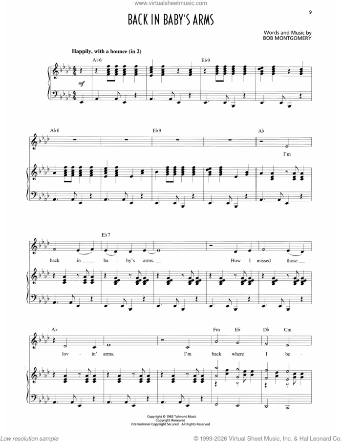 Back In Baby's Arms sheet music for voice and piano by Patsy Cline and Bob Montgomery, intermediate skill level
