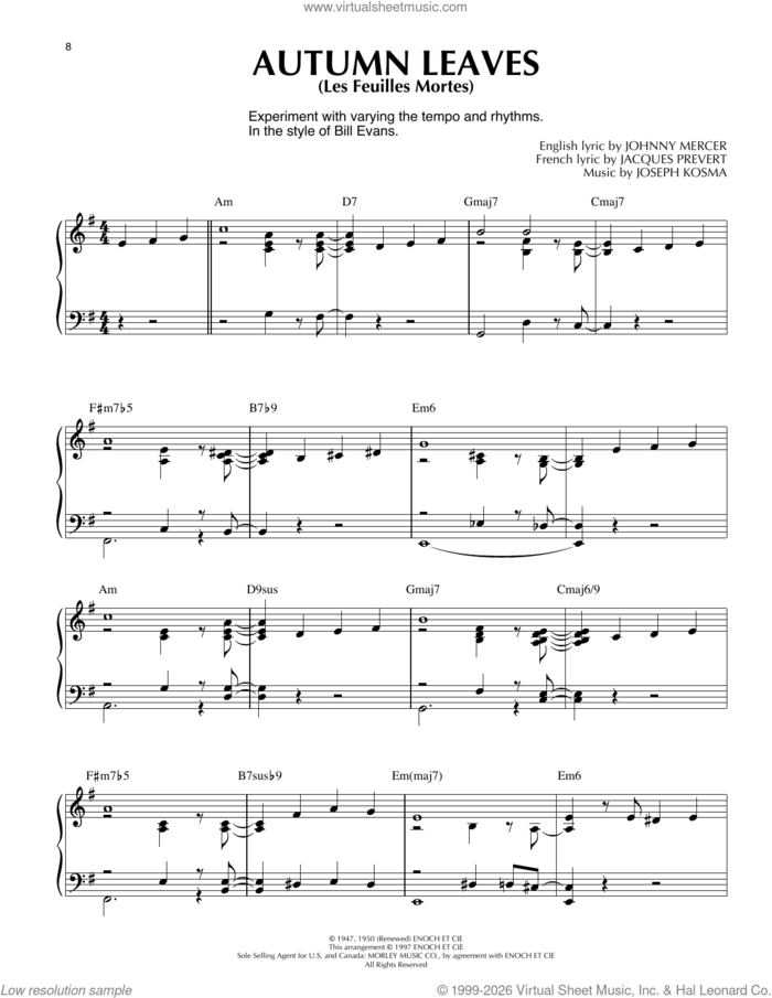Autumn Leaves (arr. Thomas Coppola) sheet music for piano solo by Roger Williams, Thomas Coppola, Jacques Prevert, Johnny Mercer and Joseph Kosma, intermediate skill level