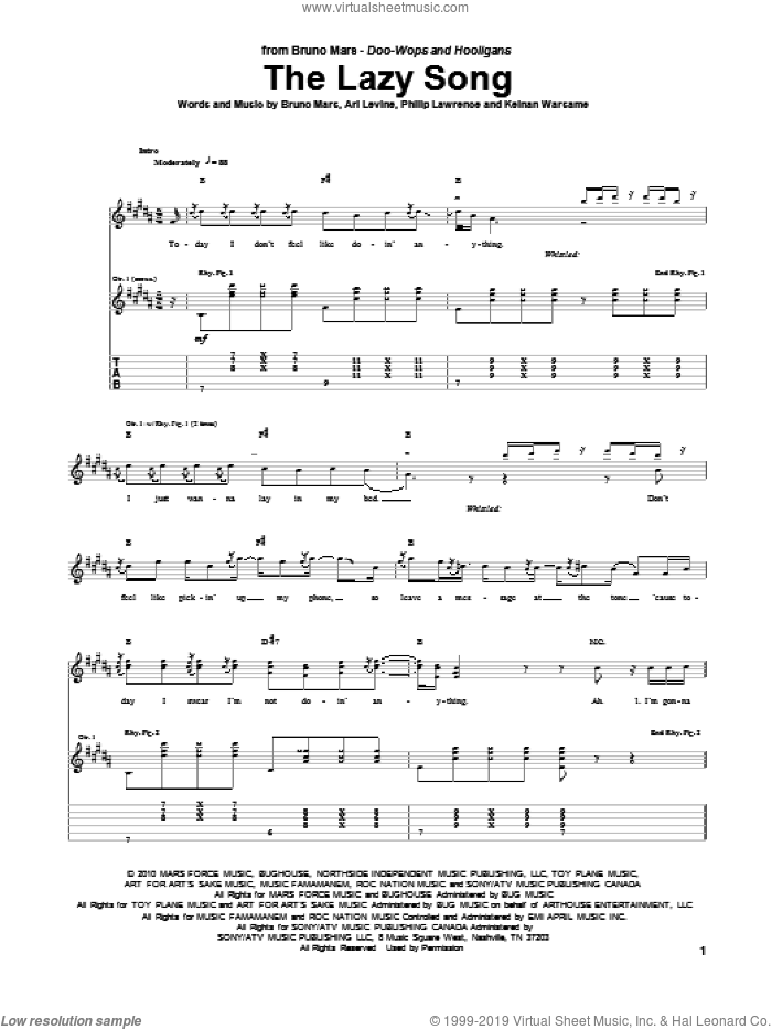 The Lazy Song sheet music for guitar (tablature) by Bruno Mars, Ari Levine, Keinan Warsame and Philip Lawrence, intermediate skill level