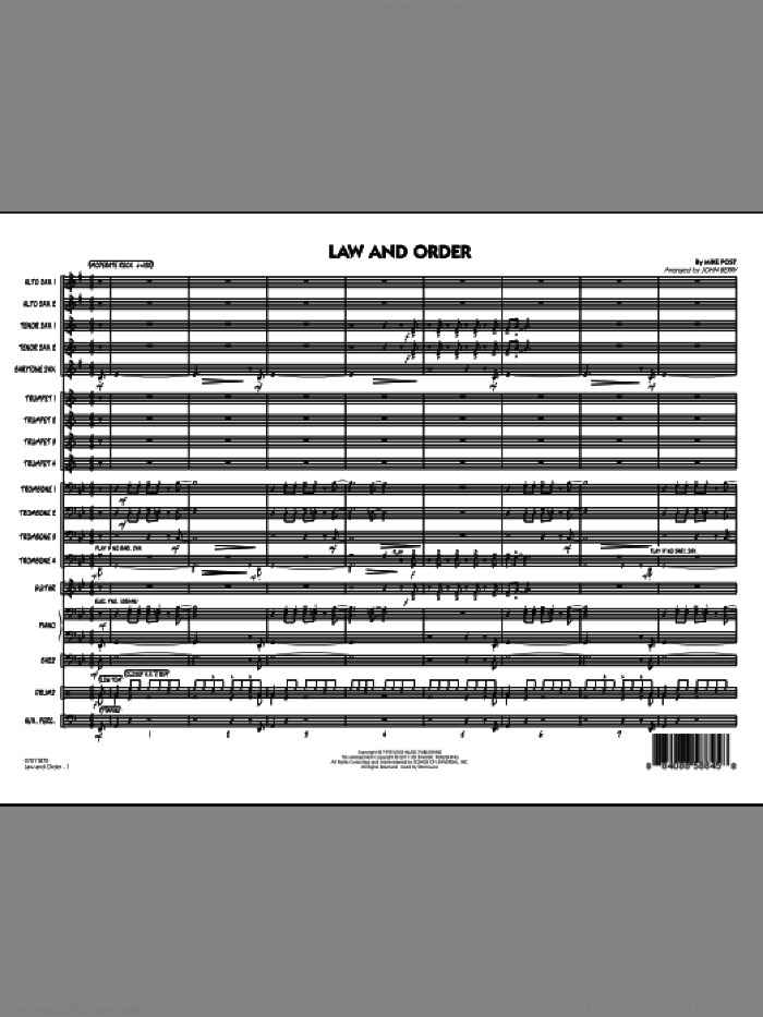 Law And Order (COMPLETE) sheet music for jazz band by Mike Post and John Berry, intermediate skill level