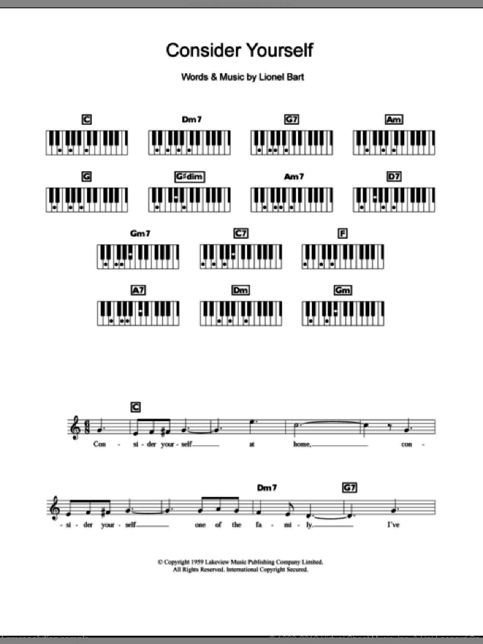 Consider Yourself sheet music for piano solo (chords, lyrics, melody) by Lionel Bart and Oliver! (Musical), intermediate piano (chords, lyrics, melody)