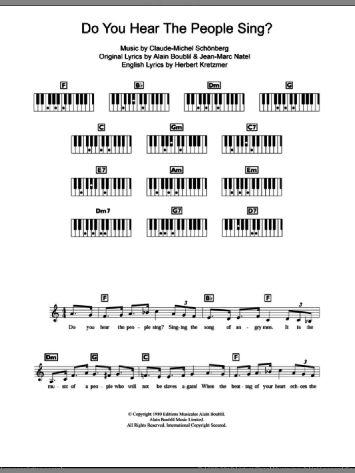 Do You Hear The People Sing? sheet music for piano solo (chords, lyrics, melody) by Alain Boublil, Les Miserables (Musical), Claude-Michel Schonberg, Herbert Kretzmer and Jean-Marc Natel, intermediate piano (chords, lyrics, melody)