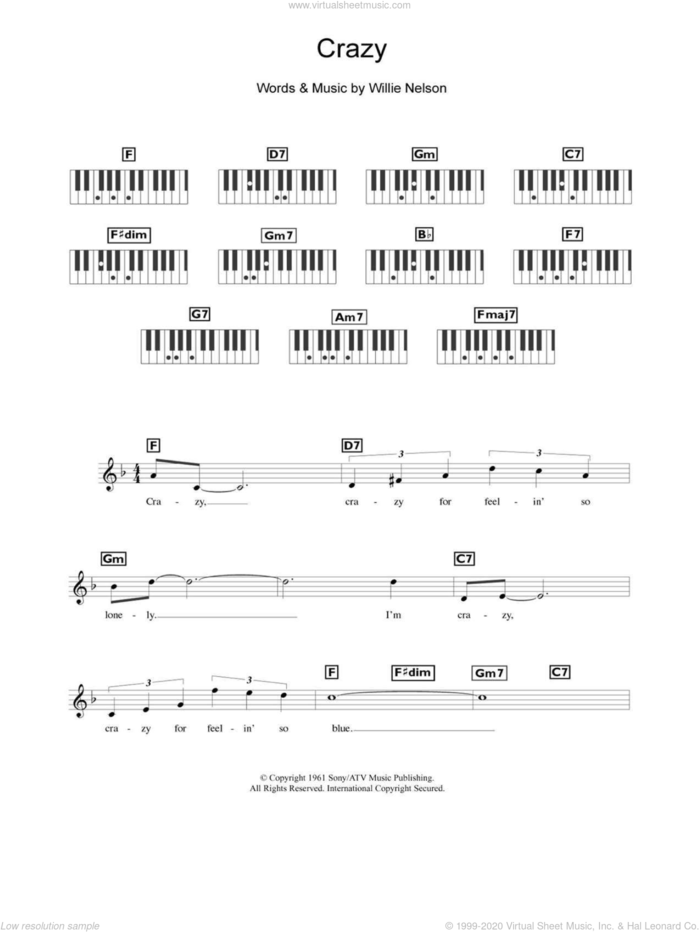 Crazy sheet music for piano solo (chords, lyrics, melody) by Willie Nelson, Diana Krall and Patsy Cline, intermediate piano (chords, lyrics, melody)