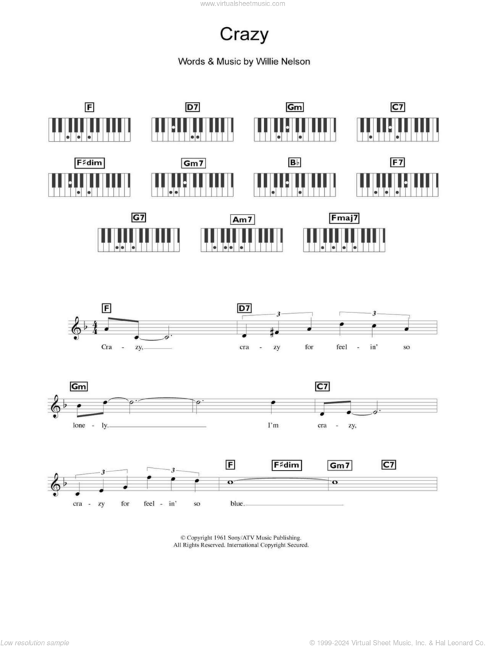 Crazy sheet music for piano solo (chords, lyrics, melody) by Willie Nelson, Diana Krall and Patsy Cline, intermediate piano (chords, lyrics, melody)