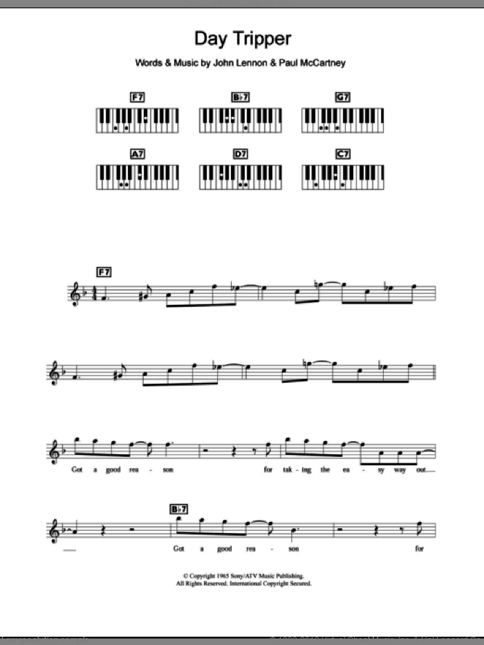Day Tripper sheet music for piano solo (chords, lyrics, melody) by The Beatles, John Lennon and Paul McCartney, intermediate piano (chords, lyrics, melody)