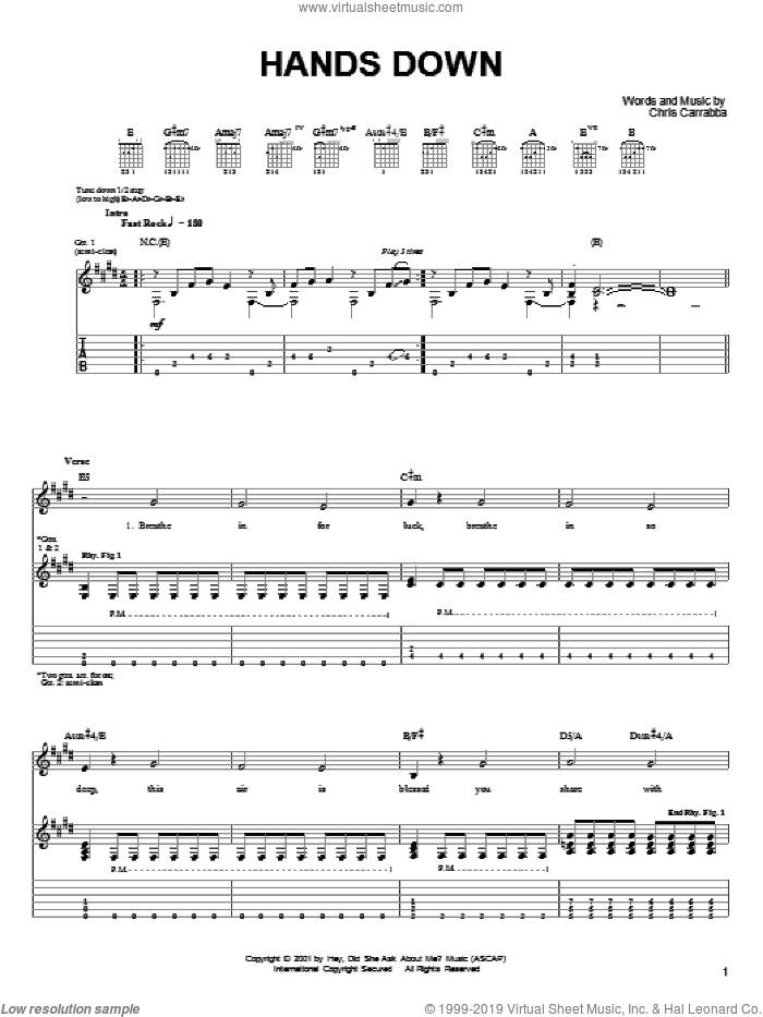 Hands Down sheet music for guitar (tablature) by Dashboard Confessional and Chris Carrabba, intermediate skill level