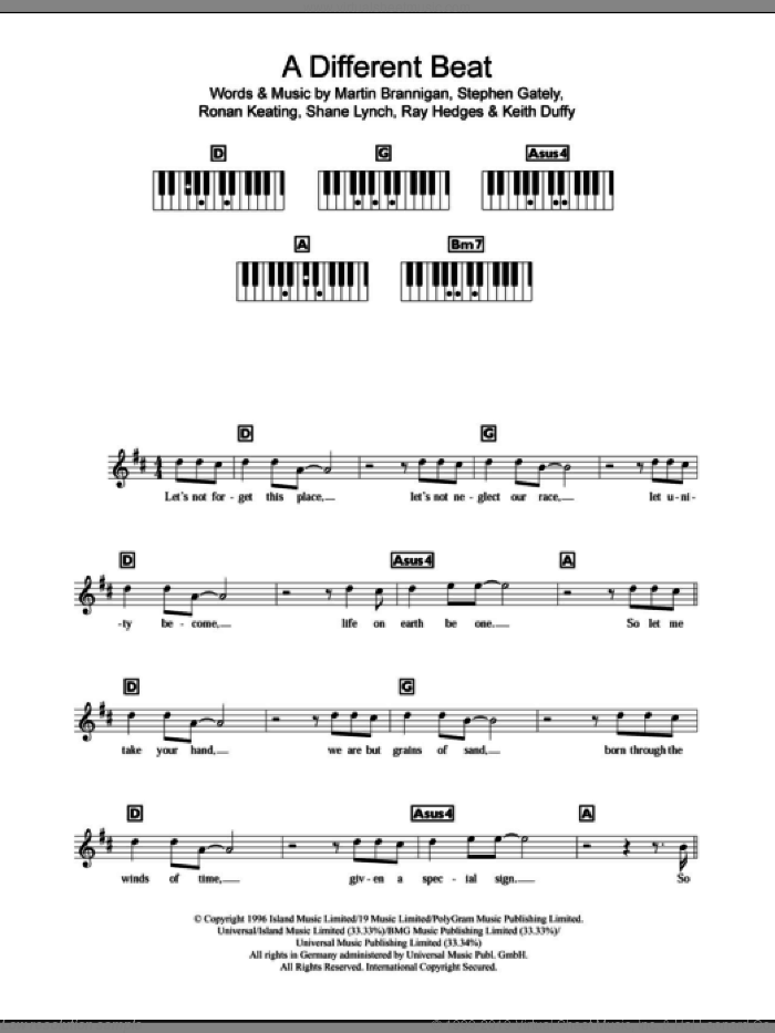A Different Beat sheet music for piano solo (chords, lyrics, melody) by Boyzone, Keith Duffy, Martin Brannigan, Ray Hedges, Ronan Keating, Shane Lynch and Stephen Gately, intermediate piano (chords, lyrics, melody)
