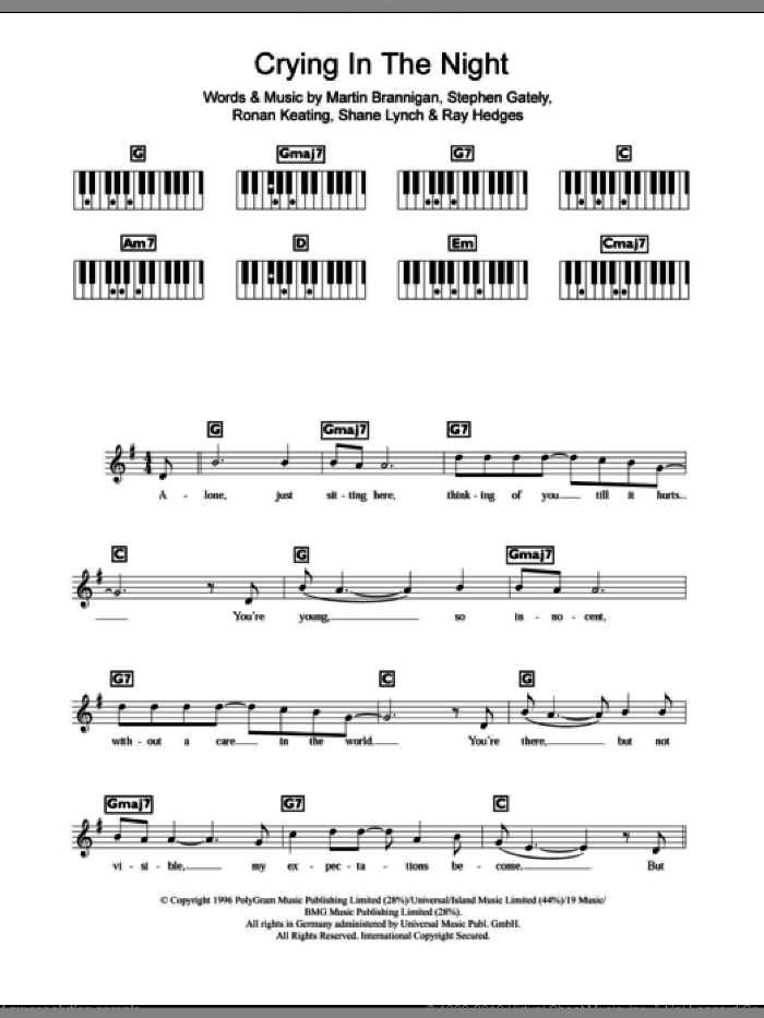 Crying In The Night sheet music for piano solo (chords, lyrics, melody) by Boyzone, Martin Brannigan, Ray Hedges, Ronan Keating, Shane Lynch and Stephen Gately, intermediate piano (chords, lyrics, melody)