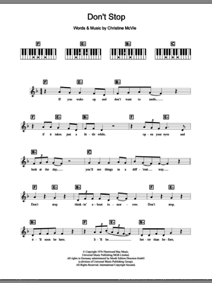 Don't Stop sheet music for piano solo (chords, lyrics, melody) by Fleetwood Mac and Christine McVie, intermediate piano (chords, lyrics, melody)