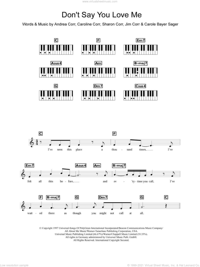Don't Say You Love Me sheet music for piano solo (chords, lyrics, melody) by The Corrs, Andrea Corr, Carole Bayer Sager, Caroline Corr, Jim Corr and Sharon Corr, intermediate piano (chords, lyrics, melody)