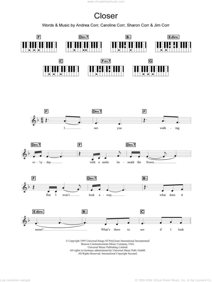 Closer sheet music for piano solo (chords, lyrics, melody) by The Corrs, Andrea Corr, Caroline Corr, Jim Corr and Sharon Corr, intermediate piano (chords, lyrics, melody)