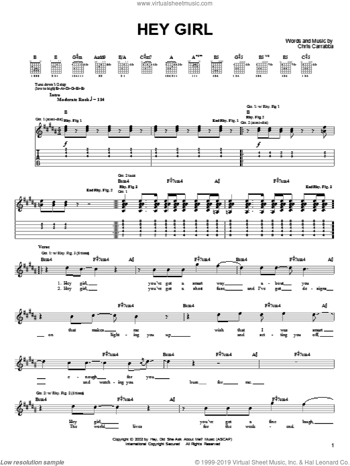 Hey Girl sheet music for guitar (tablature) by Dashboard Confessional and Chris Carrabba, intermediate skill level