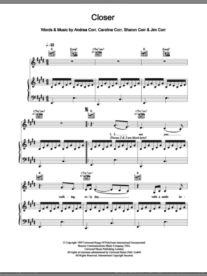 Closer sheet music for voice, piano or guitar by The Corrs, Andrea Corr, Caroline Corr, Jim Corr and Sharon Corr, intermediate skill level