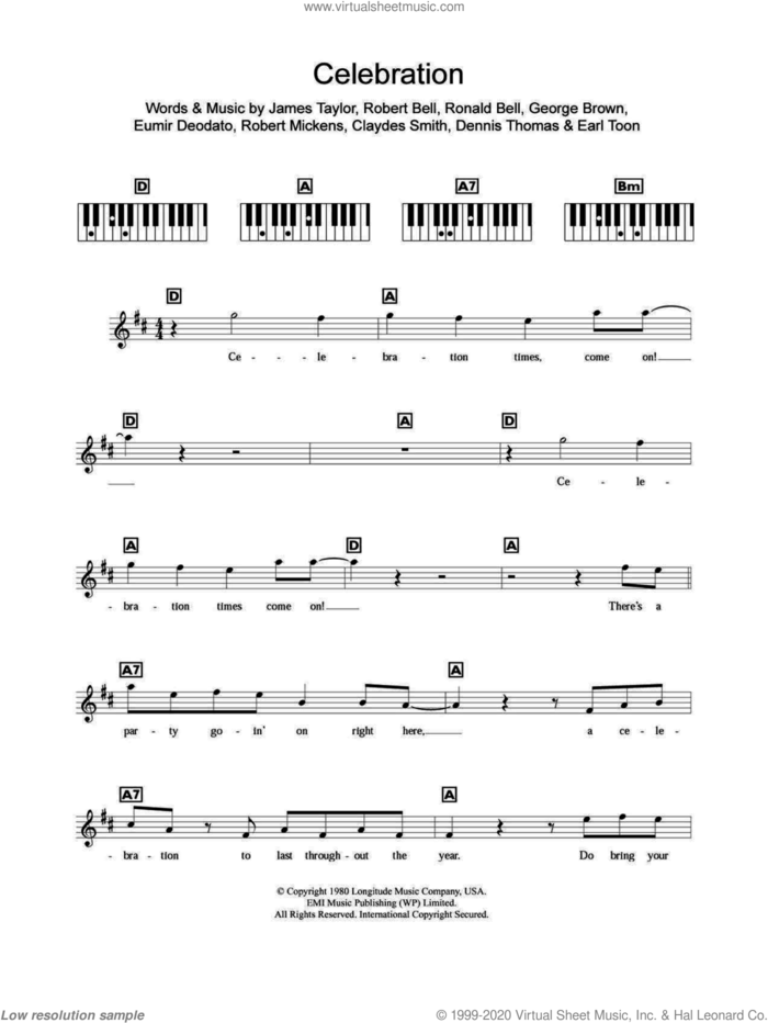 Celebration sheet music for piano solo (chords, lyrics, melody) by Kool And The Gang, Claydes Smith, Dennis Thomas, Earl Toon, Eumir Deodato, George Brown, James Taylor, Robert Bell, Robert Mickens and Ronald Bell, intermediate piano (chords, lyrics, melody)