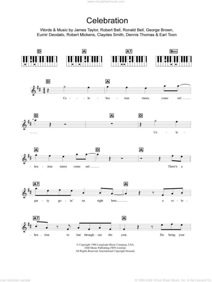 Celebration sheet music for piano solo (chords, lyrics, melody) by Kool And The Gang, Claydes Smith, Dennis Thomas, Earl Toon, Eumir Deodato, George Brown, James Taylor, Robert Bell, Robert Mickens and Ronald Bell, intermediate piano (chords, lyrics, melody)