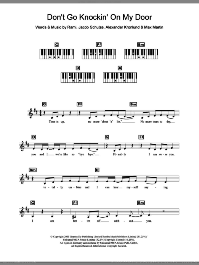 Don't Go Knockin' On My Door sheet music for piano solo (chords, lyrics, melody) by Britney Spears, Alexander Kronlund, Jacob Schulze, Max Martin and Rami, intermediate piano (chords, lyrics, melody)