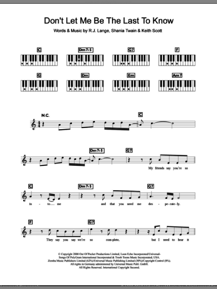 Don't Let Me Be The Last To Know sheet music for piano solo (chords, lyrics, melody) by Britney Spears, Keith Scott, Robert John Lange and Shania Twain, intermediate piano (chords, lyrics, melody)