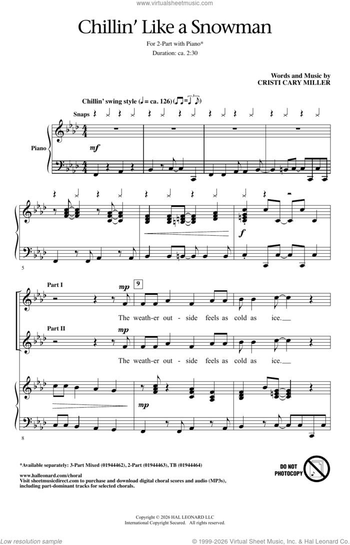 Chillin' Like A Snowman sheet music for choir (2-Part) by Cristi Cary Miller, intermediate duet
