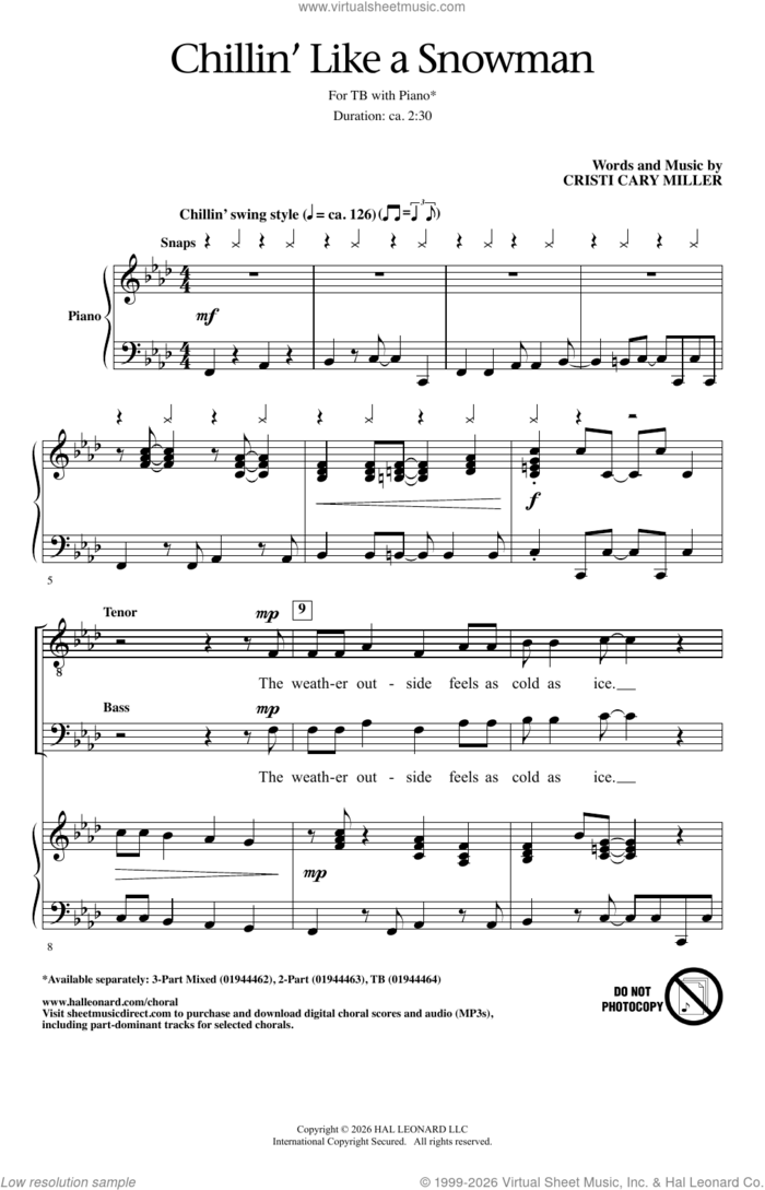 Chillin' Like A Snowman sheet music for choir (TB: tenor, bass) by Cristi Cary Miller, intermediate skill level