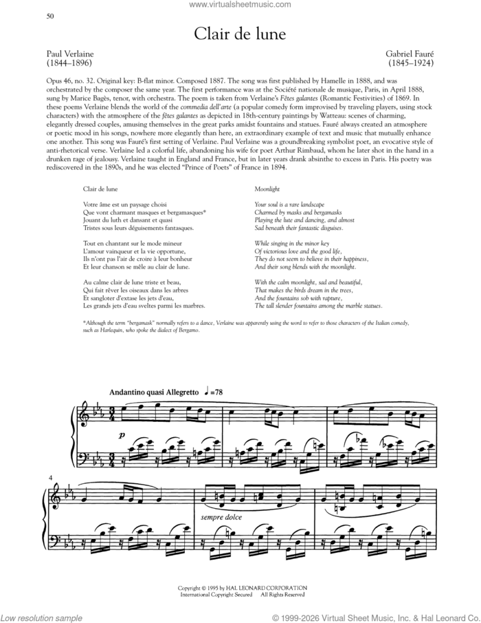 Clair De Lune sheet music for voice and piano (High Voice) by Paul Verlaine and Gabriel Faure, classical score, intermediate skill level