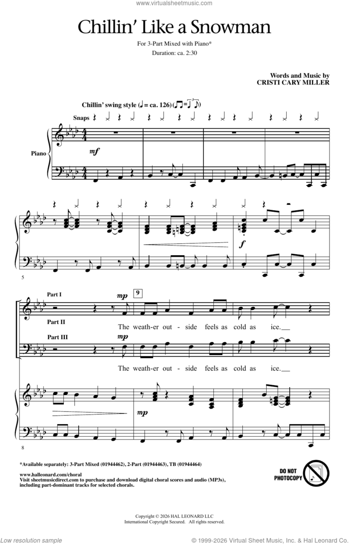 Chillin' Like A Snowman sheet music for choir (3-Part Mixed) by Cristi Cary Miller, intermediate skill level