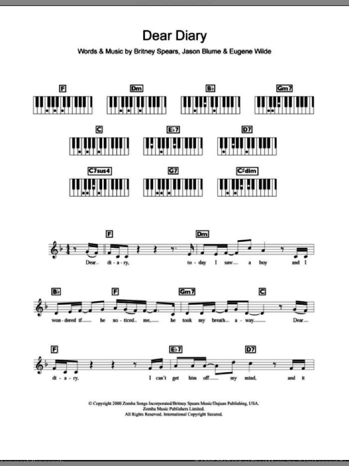 Dear Diary sheet music for piano solo (chords, lyrics, melody) by Britney Spears, Eugene Wilde and Jason Blume, intermediate piano (chords, lyrics, melody)