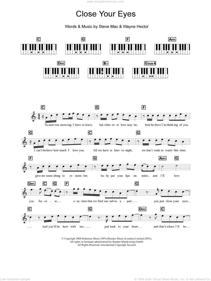 Close Your Eyes sheet music for piano solo (chords, lyrics, melody) by Westlife, Steve Mac and Wayne Hector, intermediate piano (chords, lyrics, melody)