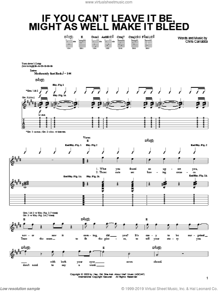 If You Can't Leave It Be, Might As Well Make It Bleed sheet music for guitar (tablature) by Dashboard Confessional and Chris Carrabba, intermediate skill level