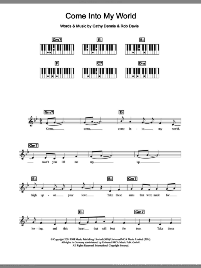Come Into My World sheet music for piano solo (chords, lyrics, melody) by Kylie Minogue, Cathy Dennis and Rob Davis, intermediate piano (chords, lyrics, melody)
