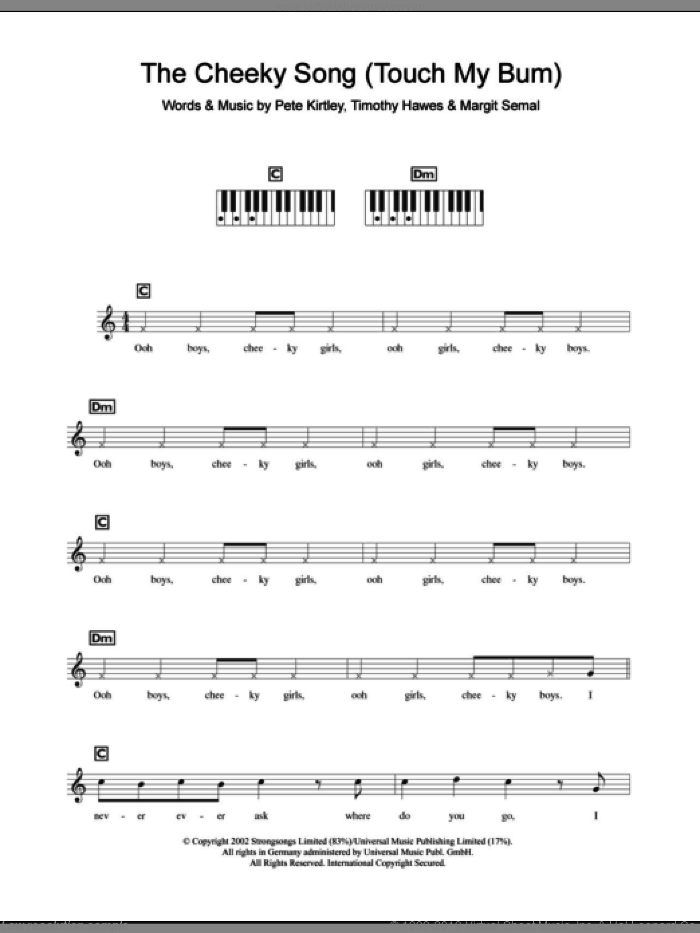 The Cheeky Song (Touch My Bum) sheet music for piano solo (chords, lyrics, melody) by The Cheeky Girls, Margit Semal, Pete Kirtley and Tim Hawes, intermediate piano (chords, lyrics, melody)