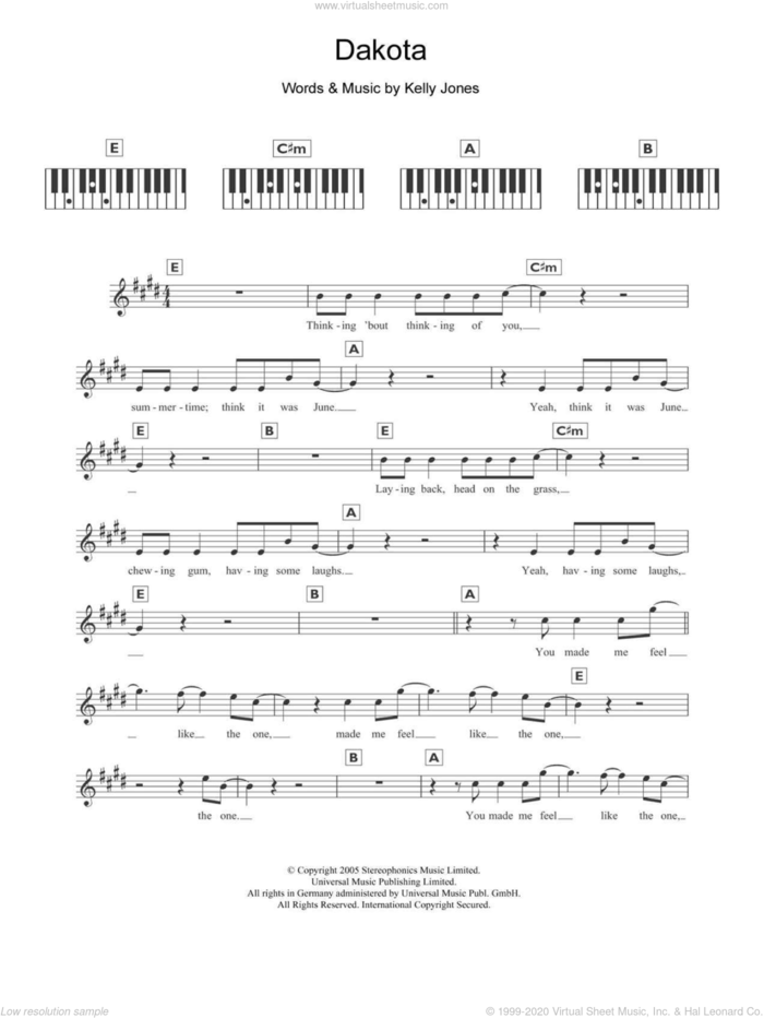 Dakota sheet music for piano solo (chords, lyrics, melody) by Stereophonics and Kelly Jones, intermediate piano (chords, lyrics, melody)