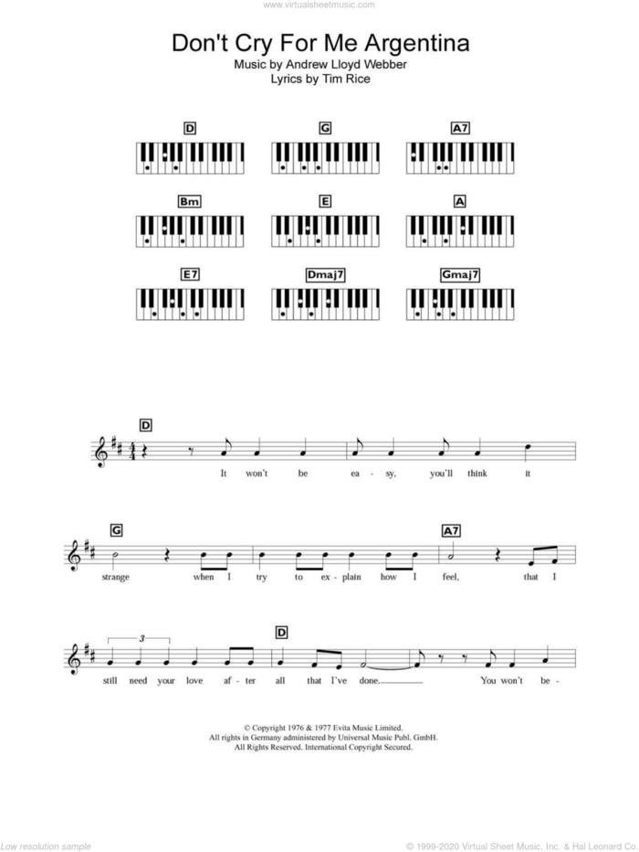 Don't Cry For Me Argentina sheet music for piano solo (chords, lyrics, melody) by Andrew Lloyd Webber and Tim Rice, intermediate piano (chords, lyrics, melody)